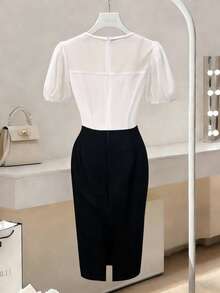 Rafferiza 新款女士优雅性感连衣裙，适合办公室、度假、海滩、通勤、浪漫场合、派对、生日派对、音乐会、情人节和嘉年华等各种场合。全新夏季款式：女士灯笼袖、收腰、黑白撞色修身中长连衣裙。适合夏季穿着，黑白连衣裙，黑白撞色连衣裙，职业装，户外连衣裙，夏季套装，优雅女装，休闲女装，中长连衣裙。 - 黑與白 - 查看 2