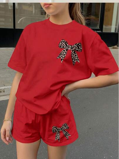 Vintage Bow & Leopard Print, Tween Girls Casual Minimalist Short Sleeve Shorts 2-Piece Set, Suitable For Summer