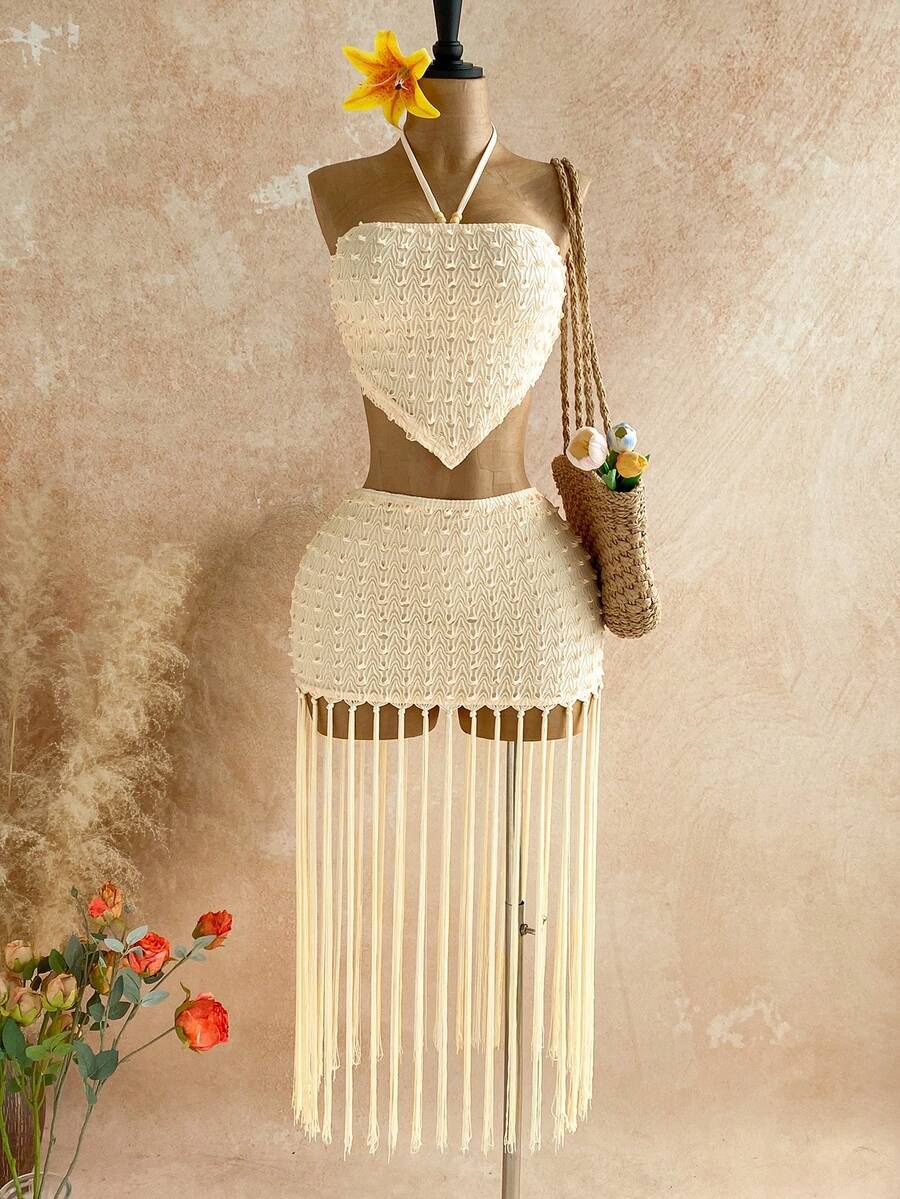 Soleia 女士春夏度假休闲米色串珠吊带上衣和流苏紧身裙两件套，适合海滩、邮轮等场合。 - 杏色 - 查看 1