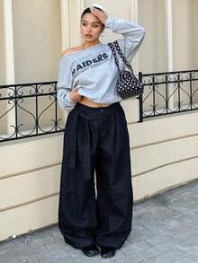 Dazy Plus Fashionable Retro Dark Denim Blue Waistband Tie Design Loose Harem Long Jeans, All Season