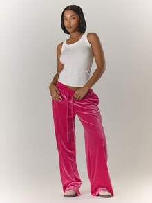 MUSERA 阔腿侧条纹丝绒厚腰带低腰慢跑裤，复古乡村风，可爱田园风，休闲居家裤，女士奶油糖色夏季款 - 粉色 - 查看 3