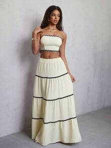 Eryvara 两件套女士优雅露脐抹胸上衣和半身裙度假套装奶油色两件套长裙两件套波西米亚风长裙套装夏季半身裙套装波西米亚风两件套 - 杏色 - 查看 3