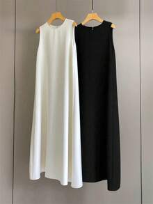 Al Najma Women's Solid Color Minimalist Casual Crew Neck Sleeveless Arabic Style Dress, 2pcs/Set, Under Abaya Inner Dress, Maxi Tank Dress, Essential Basic Long Dress - Black and White - View 10