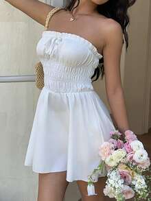 Sunnyshic 女士白色无肩带蝴蝶结连体连衣裙 - 白色 - 查看 3