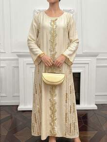 Layrah Elegant Round Neck Embroidered Beaded Long Sleeve Flared Dress, Spring/Summer - Apricot - View 7