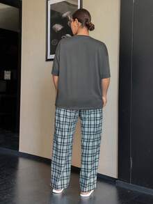 Dazy Plus 两件套加大码女士休闲睡衣套装，宽松短袖T恤和格子直筒裤，春秋季睡衣