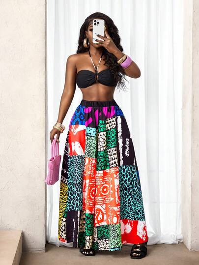 SHEIN BamGlam New Asymmetrical Patchwork Digital Print Loose Wide Leg Pants For Women, Casual & Vacation Style, Spring/Summer