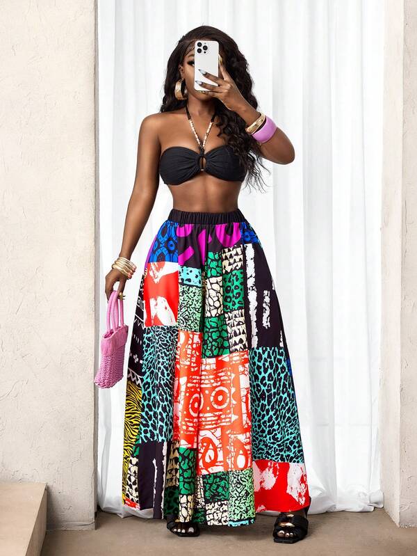 SHEIN BamGlam New Asymmetrical Patchwork Digital Print Loose Wide Leg Pants For Women, Casual & Vacation Style, Spring/Summer