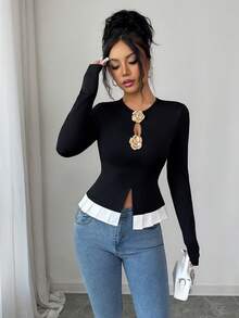 Rafferiza Women's Knit Black Long Sleeve Cinched Waist T-Shirt With Front Hollow Metal Flower Accent And Pleated Hem, Elegant For Dates, Christmas/Winter Wear - Black - View 2