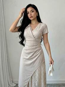 Modelyn Women's Elegant Contrast Lace Ruffle Summer Dress - Apricot - View 6