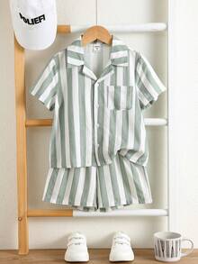 SHEIN 2pcs/Set Young Boys' Casual Green & White Striped Polo Collar Short Sleeve Shirt And Elastic Waist Shorts, Textured Fabric, Suitable For Home, School, Travel And Vacation Toddler Boy Clothes  Summer Outfits  Suitable For St Patrick's Day - Multicolor - View 6