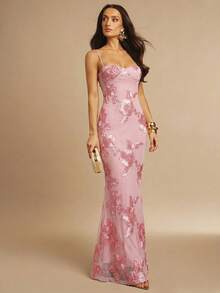 Silquee Đầm ngủ ôm sát gợi cảm họa tiết hoa 3D thanh lịch dành cho nữ - Màu Hoa hồng đỏ - Xem 4