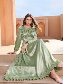 Graceveil 纯色优雅荷叶边褶裥腰身长袖喇叭下摆女式连衣裙 - 綠色 - 查看 4