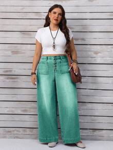 EMERY ROSE Plus Size Women Loose Casual Denim Wide Leg Jeans With Button Front Pockets - Green - View 8