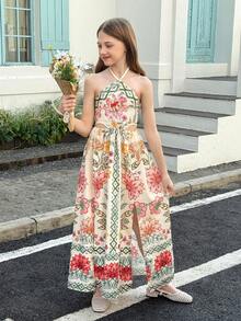 SHEIN Tween Girl Floral Print Backless Cutout Waist Maxi Beach Vacation Dress - Multicolor - View 4