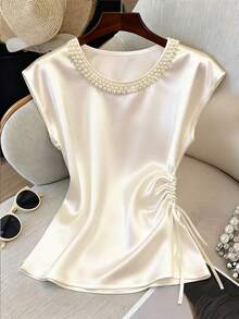 Franclia New Women's Fashion Elegant Round-Necked Three-Ring Pearl Blouse With Side Single Drawstring Waistband,Summer Holiday Outfits,Spring, Spring Outfit Women, Valentine's Day,Valentines Day Outfit,Carnival,Carnival Women,Beach,Wedding,Birthday,Birthday Dress,Going Out, Elegant,Vacation,Casual,Y2k,Graduation Season Attire, Fashionable Casual Commuter Wear, Business Office Wear, Versatile And Stylish Everyday Casual Wear, Urban Teacher's Professional Attire - Apricot - View 1