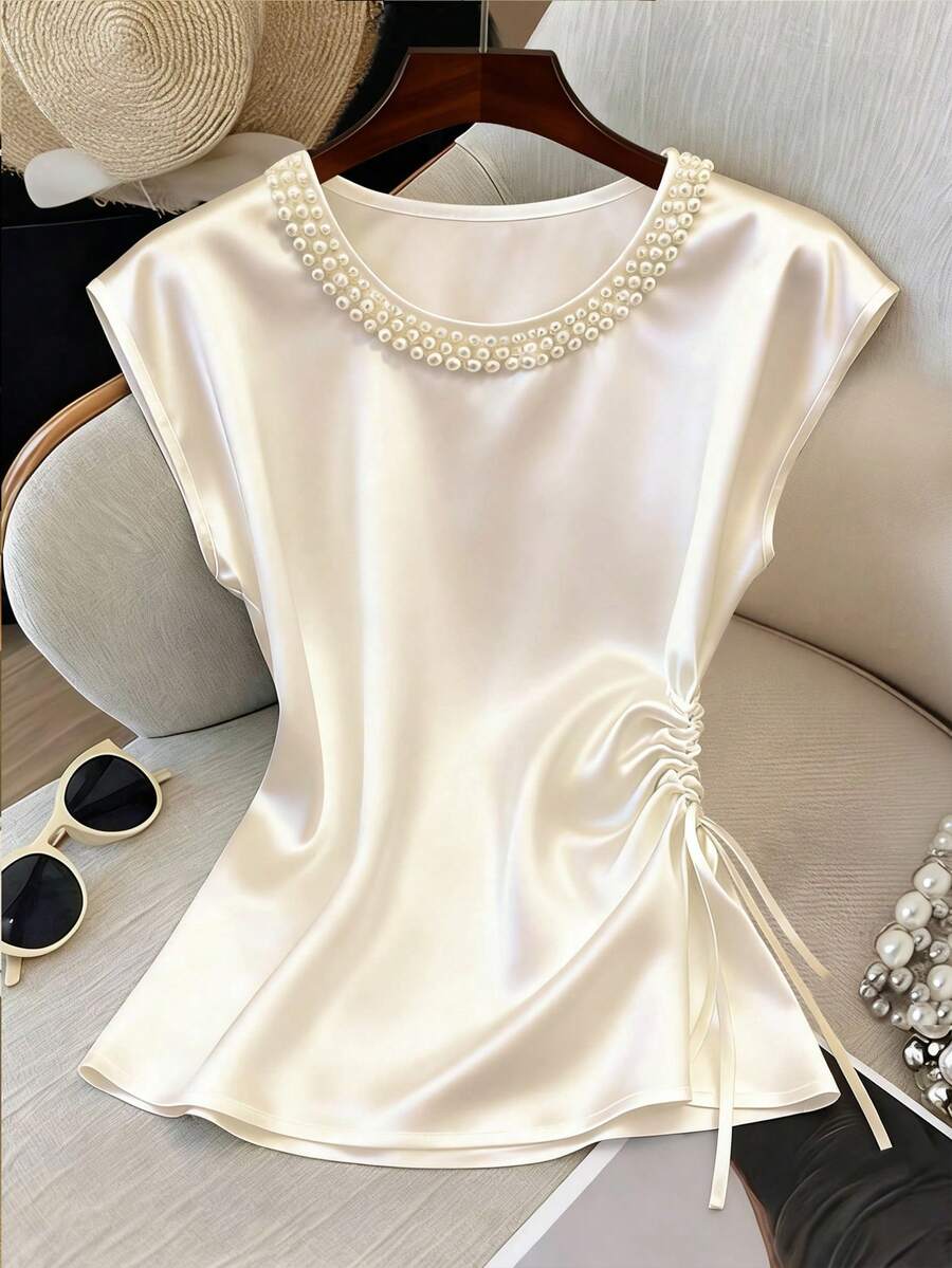 Franclia New Women's Fashion Elegant Round-Necked Three-Ring Pearl Blouse With Side Single Drawstring Waistband,Summer Holiday Outfits,Spring, Spring Outfit Women, Valentine's Day,Valentines Day Outfit,Carnival,Carnival Women,Beach,Wedding,Birthday,Birthday Dress,Going Out, Elegant,Vacation,Casual,Y2k,Graduation Season Attire, Fashionable Casual Commuter Wear, Business Office Wear, Versatile And Stylish Everyday Casual Wear, Urban Teacher's Professional Attire - Apricot - View 1