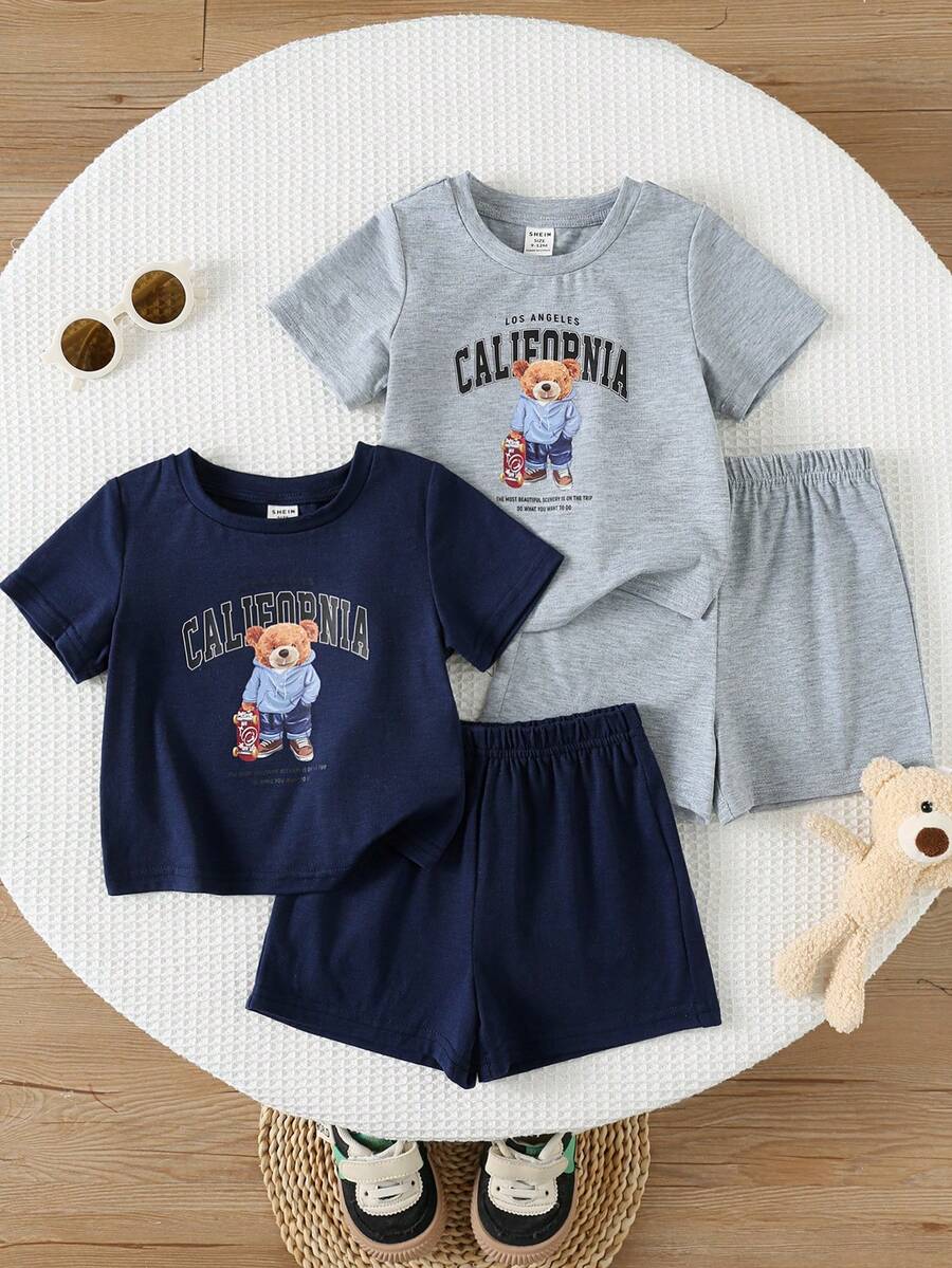 SHEIN 4pcs Baby Boy Bear Print Top And Shorts Set,Cute Navy Summer Casual Family Matching Round Neck Short Sleeve T-Shirt Cartoon Sets For Toddler Boys - Multicolor - View 1