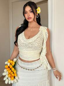 Elenzga Plus Size Women's Elegant White Summer Tea Party Draped Neck Tie Knit Sleeveless Tank Top,Fashionable Apricot Fitted Casual Wear For Vacation,Daily - Apricot - View 7