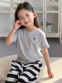 Dazy Kids 年轻女孩休闲日常通勤百搭星形印花短袖T恤，夏季 - 灰色 - 查看 7