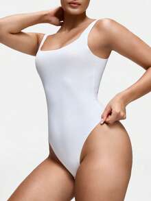 SHAPORA Women's Casual Solid Color Sleeveless Jumpsuit With Seamless Sexy U-Shape Crotch Thong - White - View 5