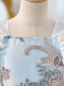 Vestido corto de manga corta con bordado floral de organza elegante y lindo para niña - Multicolor - Ver 6