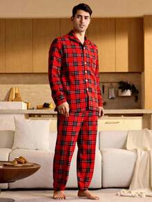 Velminro Bộ đồ ngủ nam in họa tiết kẻ caro, cổ ve lật, tay dài và quần dài, thích hợp cho mùa xuân/thu. - Đỏ - Xem 4