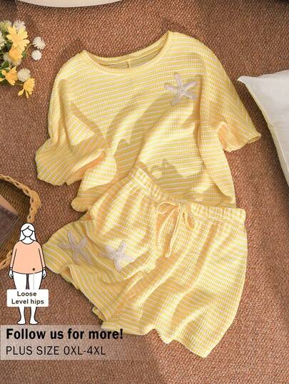 CosyJoli 2pcs/Set Plus Size Women Summer Striped Short Sleeve T-Shirt And Shorts Set Spring Casual Vacation Outfit Women Spring Set For Women