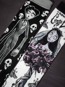 Corpse Bride X SHEIN 2双装柔软透气吸湿休闲中筒袜，时尚黑白船袜，加固袜头和袜跟，经久耐穿，男女通用，情侣四季皆宜，夏季冬季百搭，图案袜子 - 彩色 - 查看 3