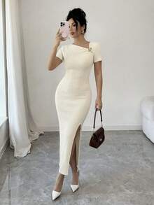Rafferiza Women's Elegant Sexy Solid Color Gold Decor Button Asymmetric Collar Short Sleeve Fitted Split Hem Midi Knit Dress - Beige - View 3