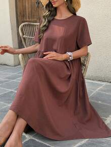 Livesso Lång klänning med rund hals och lös passform för kvinnor - Brun - Visa 7