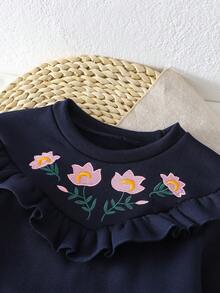 SHEIN Setelan 2pcs untuk Anak Perempuan & Remaja Perempuan: Atasan Sweatshirt Bordir Ruffle + Celana, Pakaian Sekolah Musim Gugur/Dingin untuk Aktivitas Sehari-hari - Biru - View 3