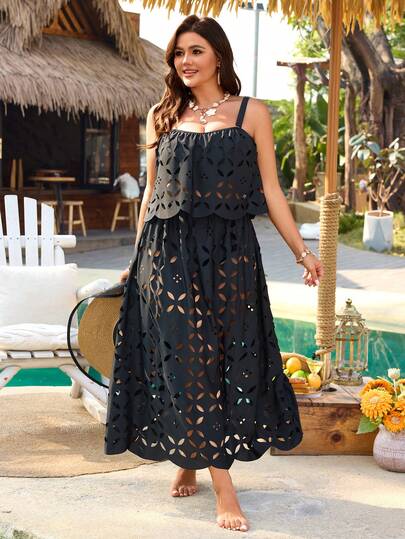 Swim Vcay 加大码黑色抹胸泳衣罩衫 | 女士花卉蕾丝镂空长款沙滩裙