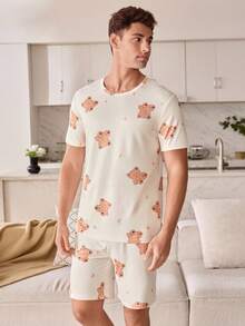 CoupledUp 熊与月亮印花男士短袖短裤睡衣套装 - 彩色 - 查看 3