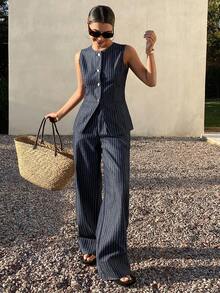 DAZY Sleeveless Crew Neck Fitted Top And Striped Casual Jeans Pants Set For Women - Medium Wash - View 6