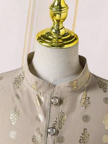 SHEIN Tween BoyMiddle Eastern Inspired Golden Foil Floral Patterned Fancy Shirt - Apricot - View 5