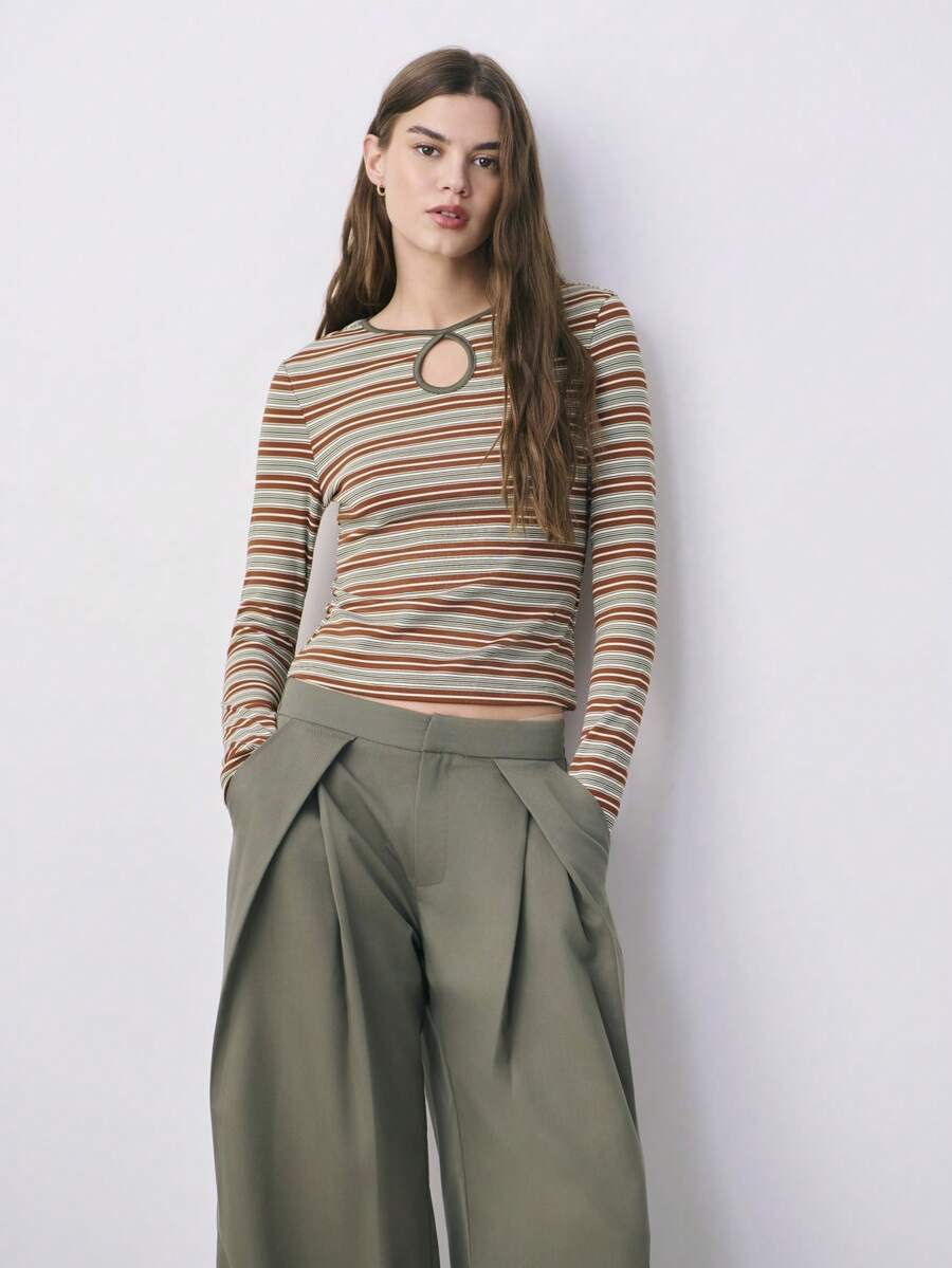 Nöista Long-Sleeve Striped Top Features A Unique Keyhole Neckline With Contrast Trim, For Stylish Everyday Wear, Summer, Spring. - Brown - View 1