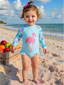 Traje de baño de una pieza para bebé niña, con estampado de animales lindos y diseño floral, de manga larga con protección solar, adecuado para nadar, verano y vacaciones - Multicolor - Ver 8