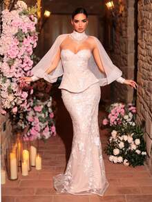 Glamrae 优雅奢华白色刺绣网纱手工仿珍珠流苏装饰婚纱 - 白色 - 查看 5