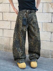 Manfinity EMRG Men's Leopard Print Pocket Casual Versatile Daily Wear Wide Leg Jeans Guys Guys Baggy Leopard Print Jeans - Multicolor - View 4