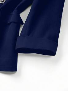 Elenzga 大码女士优雅翻领七分袖假口袋串珠花卉设计休闲修身西装外套，冬季 - 藏蓝色 - 查看 4