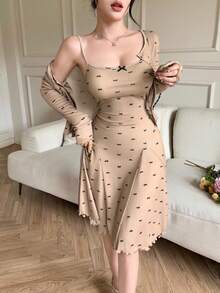 Feyla 2 件套蝴蝶结印花上衣搭配女士连衣裙套装，度假两件套，女士夏装，毕业装，蜜月装 - 卡其色 - 查看 3