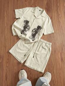 Manfinity Unisex Men's Casual Vacation Daily Commute Outing Date Versatile Sculpture Print Loose Fit Shirt And Drawstring Waist Shorts Set, Summer - White - View 7