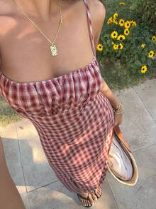 SHEIN EZwear 女士红色格子中长连衣裙 - 紅色 - 查看 3