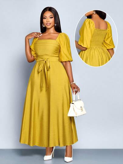 SOLERSUN Plus-Size Women's Spring/Summer French-Style Solid Color Square Neck Short-Sleeved A-Line Casual And Elegant Dress With Front Ruffles And Frills. New Spring/Summer Women's Dress, Made Of Spring/Summer Fabric, Square Neck, Ginger Yellow Woven Fabric. Suitable For Dates, Shopping, Commuting, And Vacations.