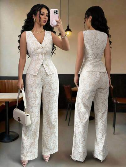 Elenzga Nuevo traje de encaje casual y elegante para mujer, con contraste de color de encaje y botones de perla, adecuado para el Día de San Valentín, Halloween, vuelta al colegio, primavera/verano, traje de oficina profesional, atuendo de maestra, trayecto, ocio, vacaciones