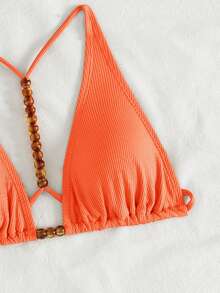 Swim Vcay Áo bikini đính hạt màu trơn dành cho nữ mùa hè đi biển - Màu Cam cháy - Xem 5