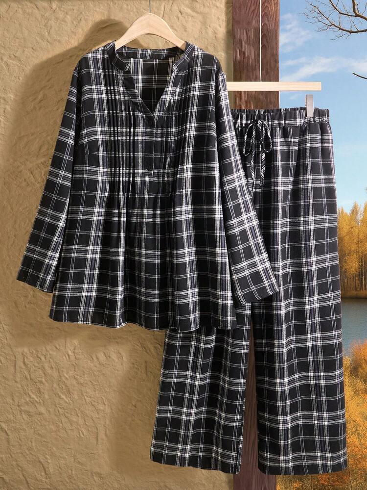 2PC Plus Size Women's Summer Casual Vacation Plaid Long Sleeve Shirt And Pants 2 Pieces Set With Pockets, Spring Break Outfits ,Vacation Outfits Women ,Holiday Outfits For Women,Going Out Outfits,2026 New Clothes,Simple And Fashionable For Everyday Wear,