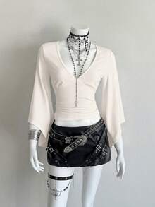 EgrlEra 女士性感深V领喇叭袖修身T恤，秋季款 - 杏色 - 查看 6