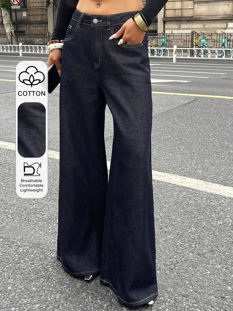 DAZY 女士宽松直筒水洗原色牛仔裤 Y2k - 藍色 - 查看 1